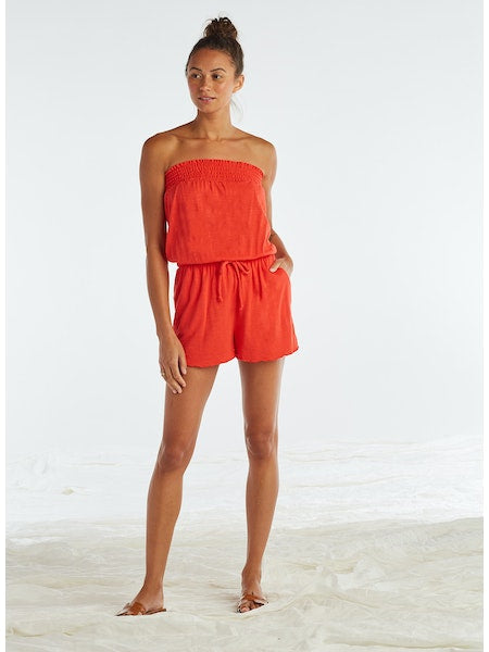 red smocked tube top