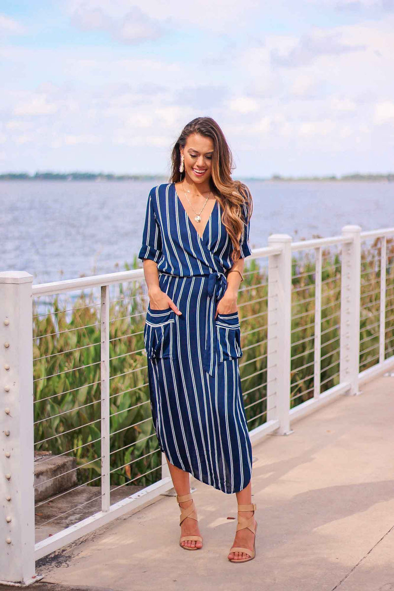 Blue striped 2025 wrap dress